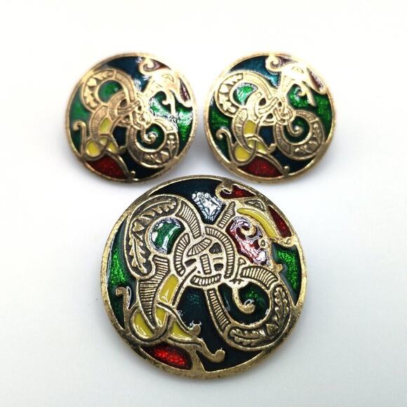 Vintage Celtic Design Miracle Brooch Pendant & Earrings Set Enamel Dragon - Picture 7 of 8